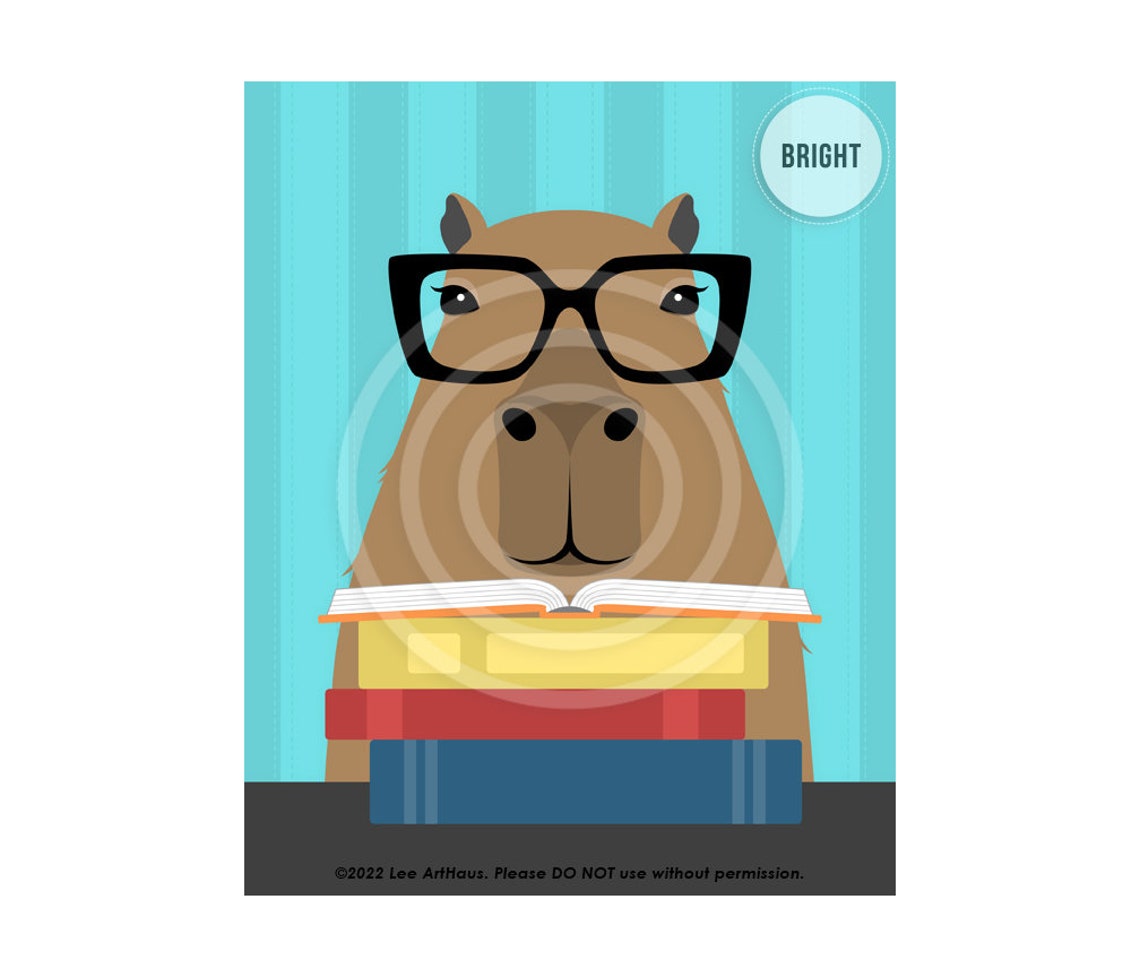 Capybara With Glasses Reading Stack Of Books Funny Animal Art Poster