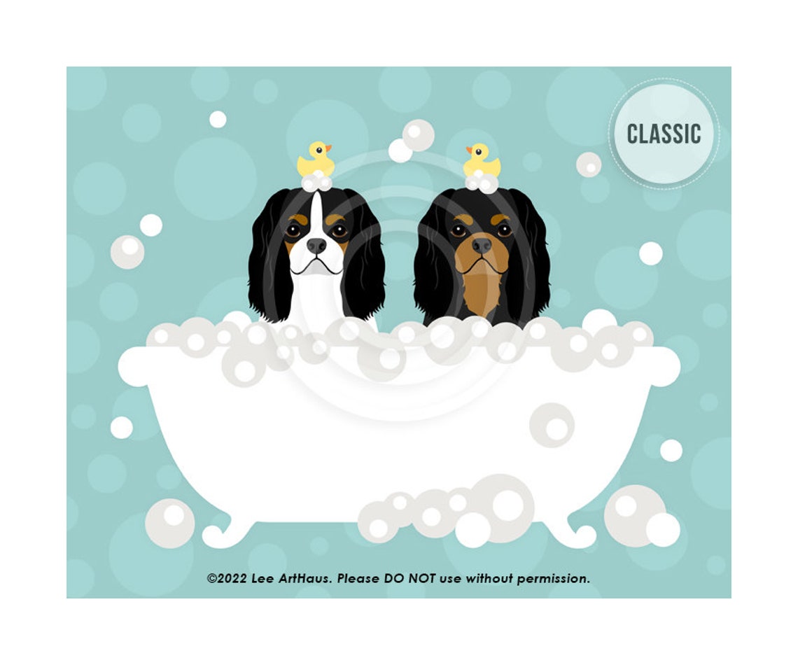 Two Cavalier Spaniels In Bubble Bath With Rubber Ducks Dog Art Poster