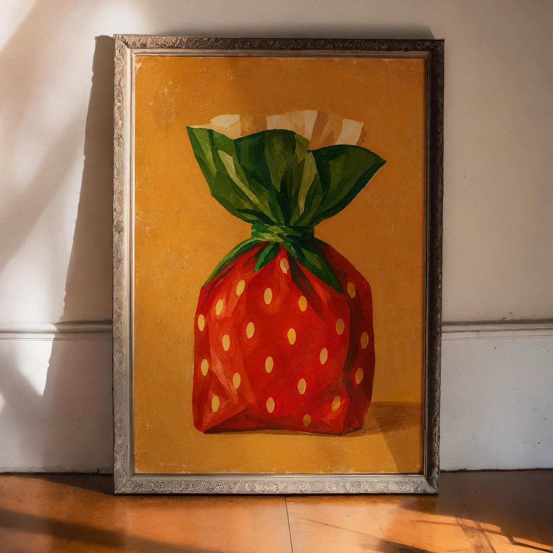 Giant Strawberry Wrapped Candy Retro Pop Art Mustard Background Poster