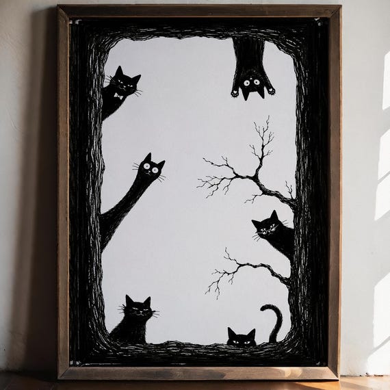 Curious Black Cats Minimalist Wall Art Print