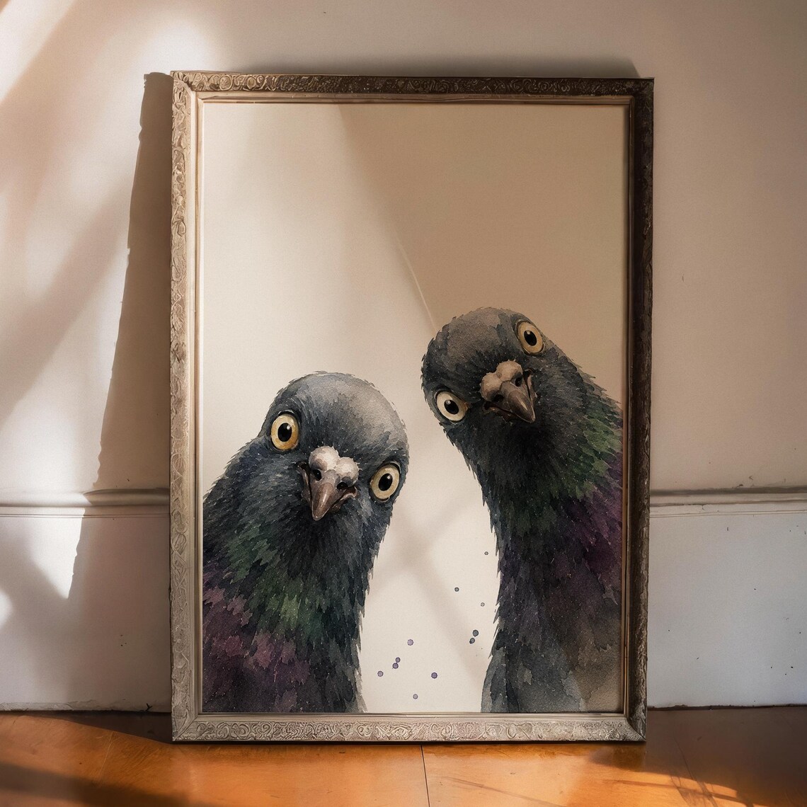 Two Curious Pigeons Wide Eyed Watercolor Whimsical Bird Art Poster
