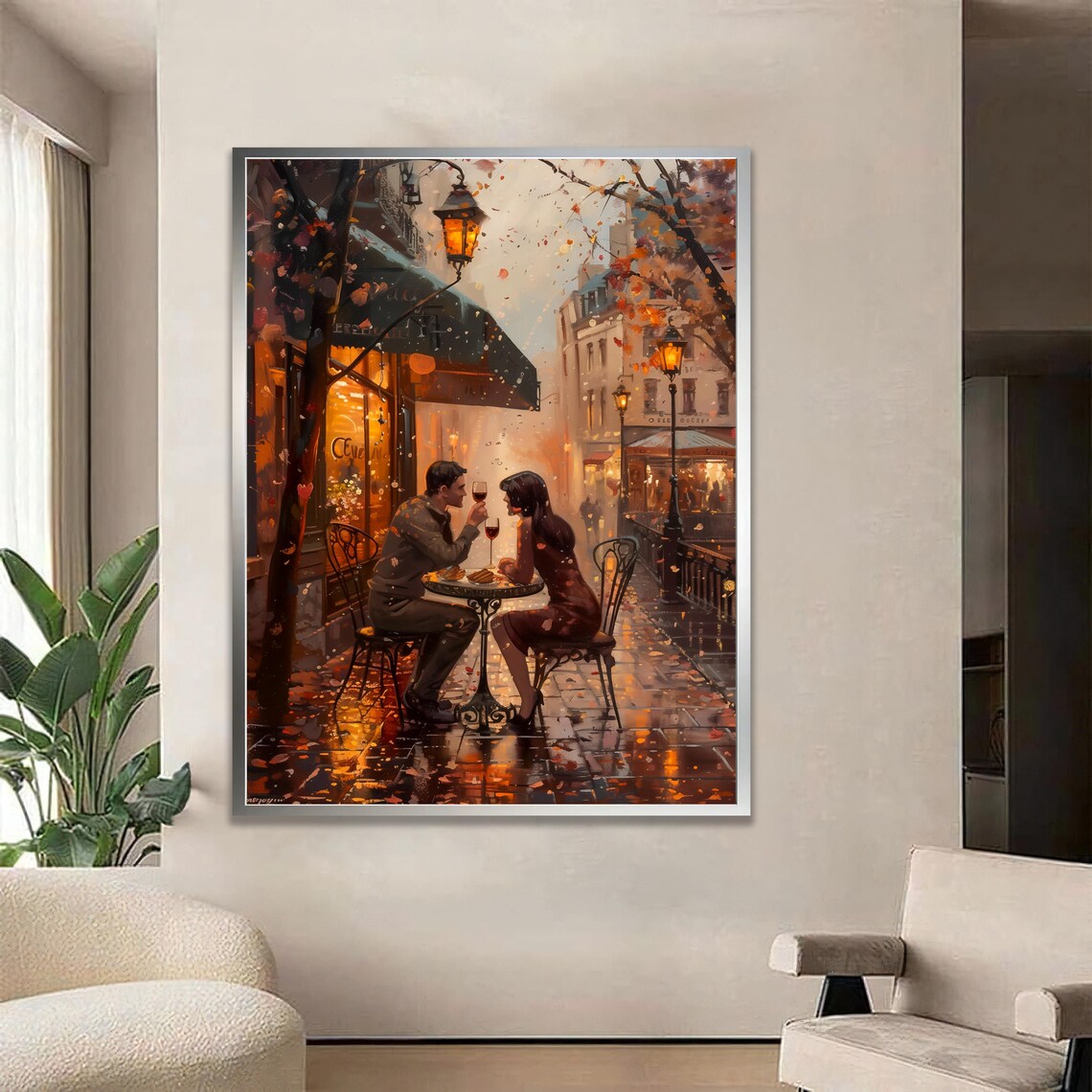 Parisian Cafe Couple Autumn Night Romance Oil Painting Poster