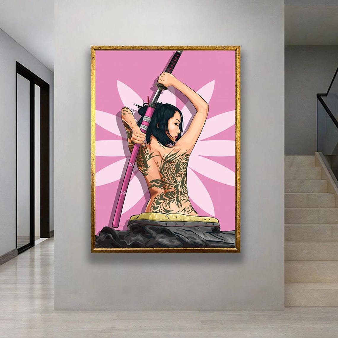 Tattooed Samurai Woman Warrior Katana Pink Pop Art Wall Poster