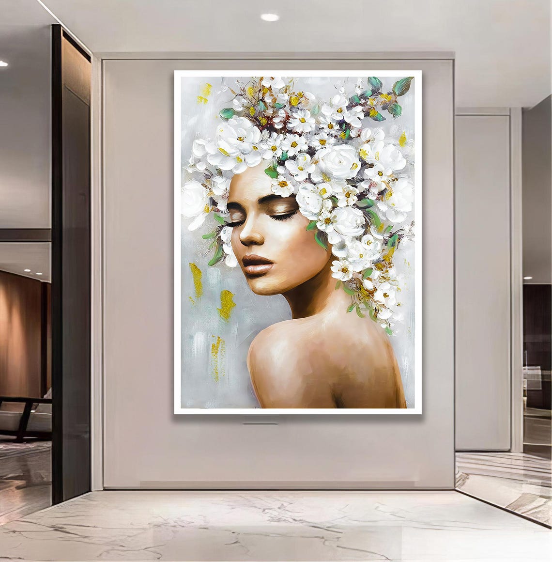 Nude Woman With White Spring Flowers Elegant Feminine Portrait Canvas Art