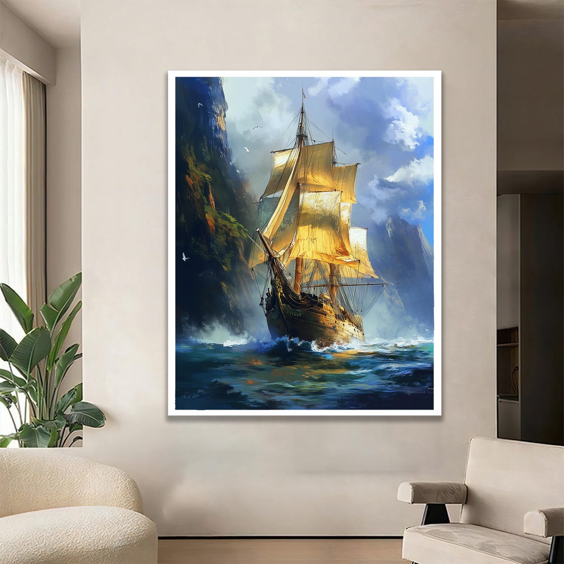 Golden Sailed Tall Ship Rocky Cliffs Dramatic Nautical Art Poster