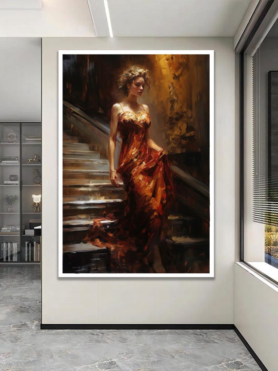 Elegant Woman Descending Stairs Brown Dress Portrait