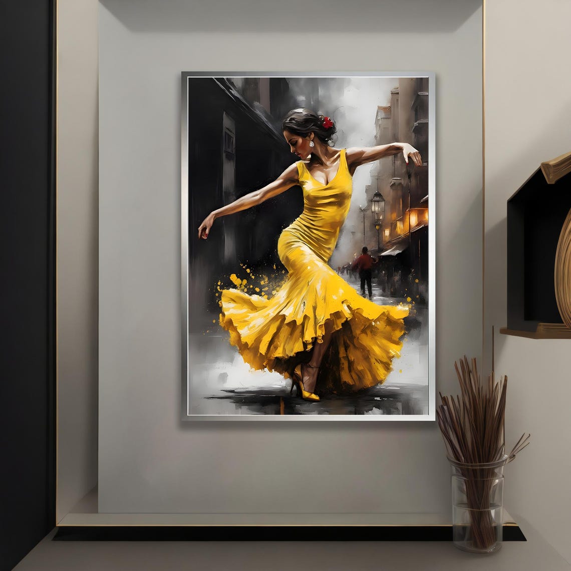 Flamenco Dancer In Flowing Yellow Dress Spanish Dance Art Poster
