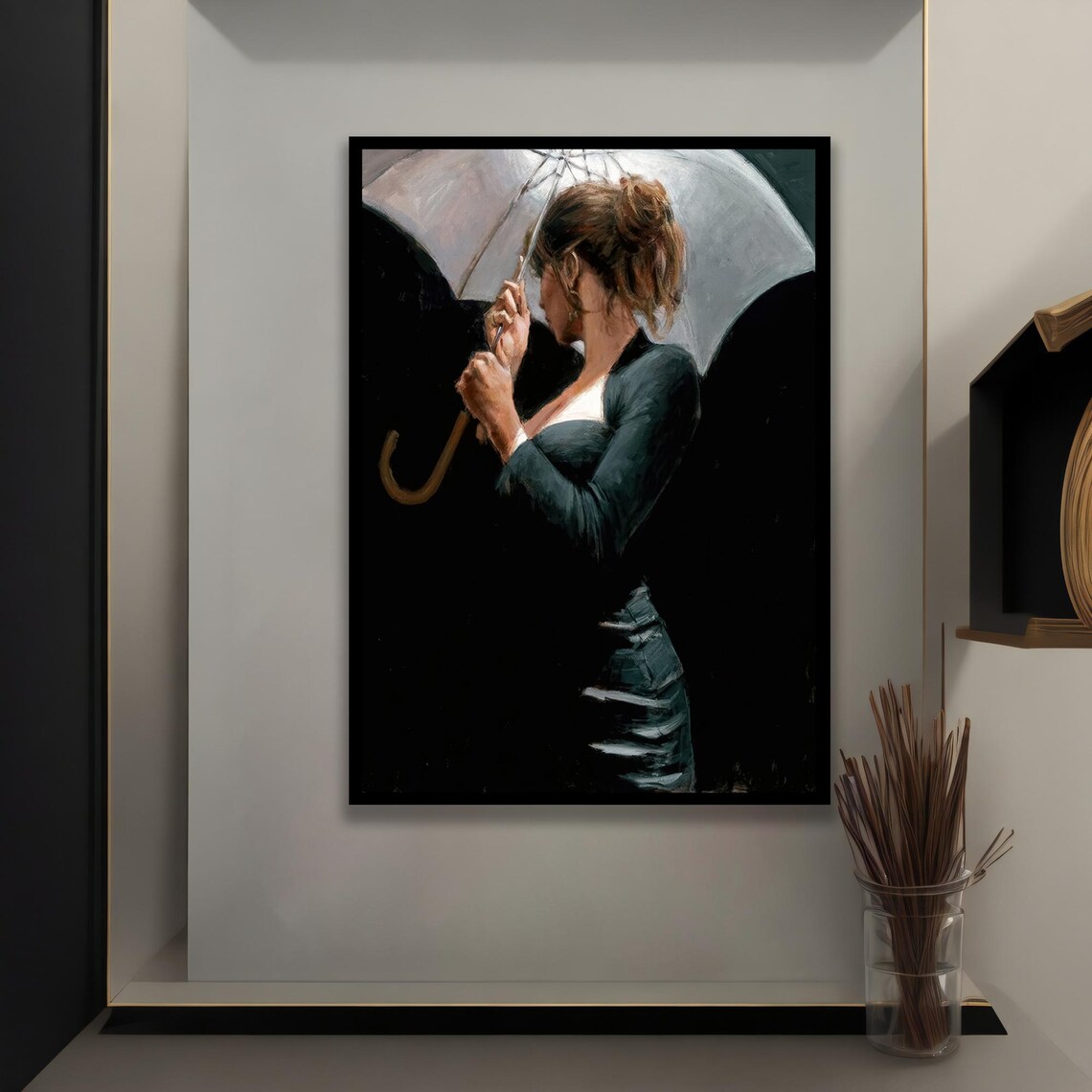 Elegant Woman In Black Dress With White Umbrella Rainy Day Poster