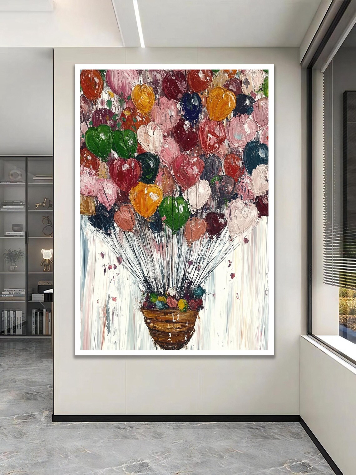 Heart Balloon Basket Whimsical Hot Air Balloon Oil Painting Poster