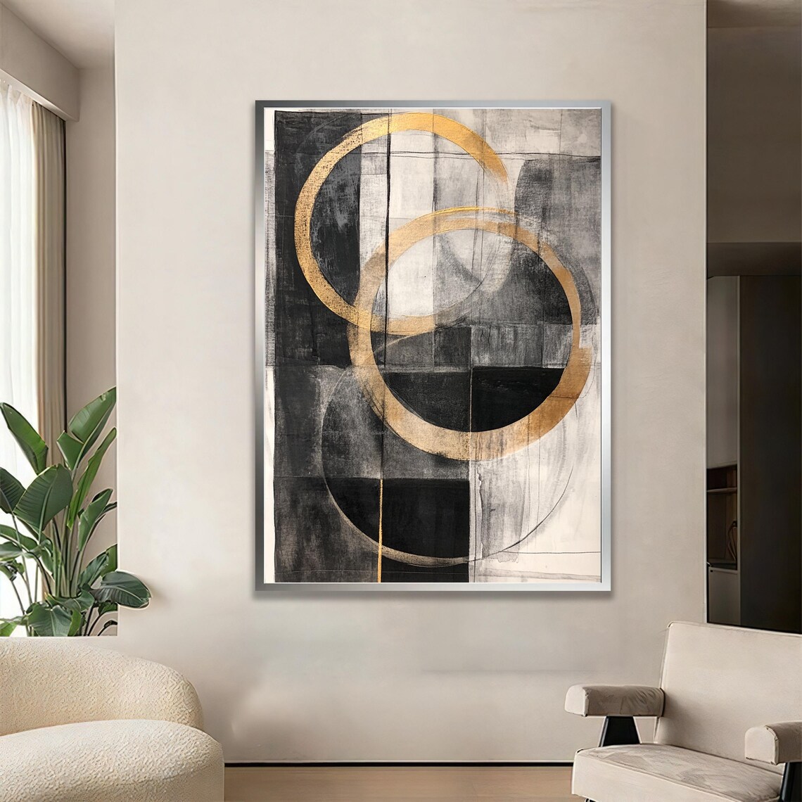 Black And White Canvas With Yellow Circles Modern Abstract Wall Art