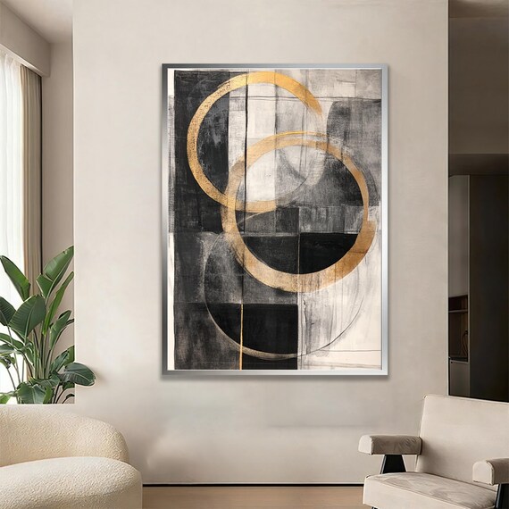 Black And White Canvas With Yellow Circles Modern Abstract Wall Art