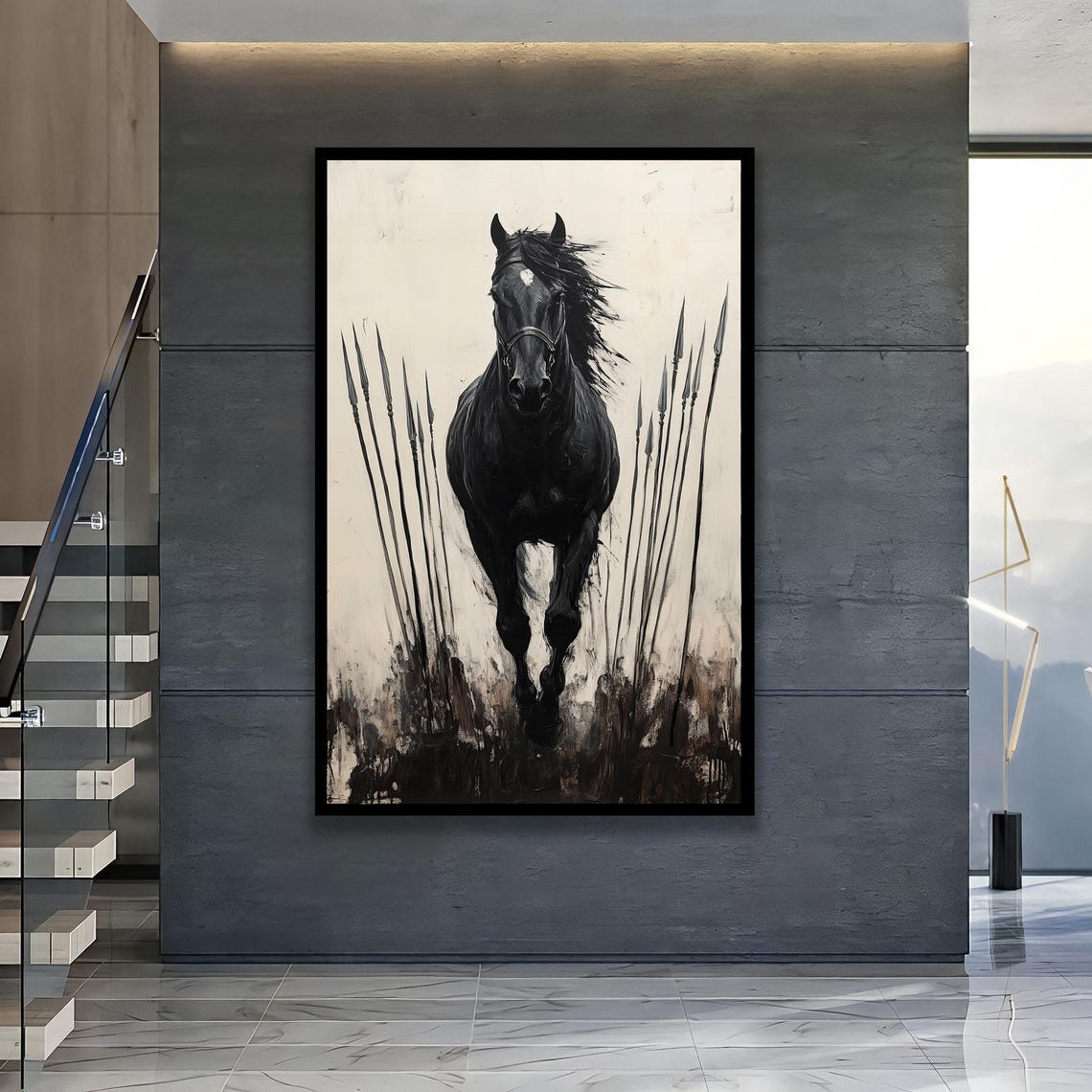 Dramatic Black Horse Charging Through Wild Grasses Ink Poster