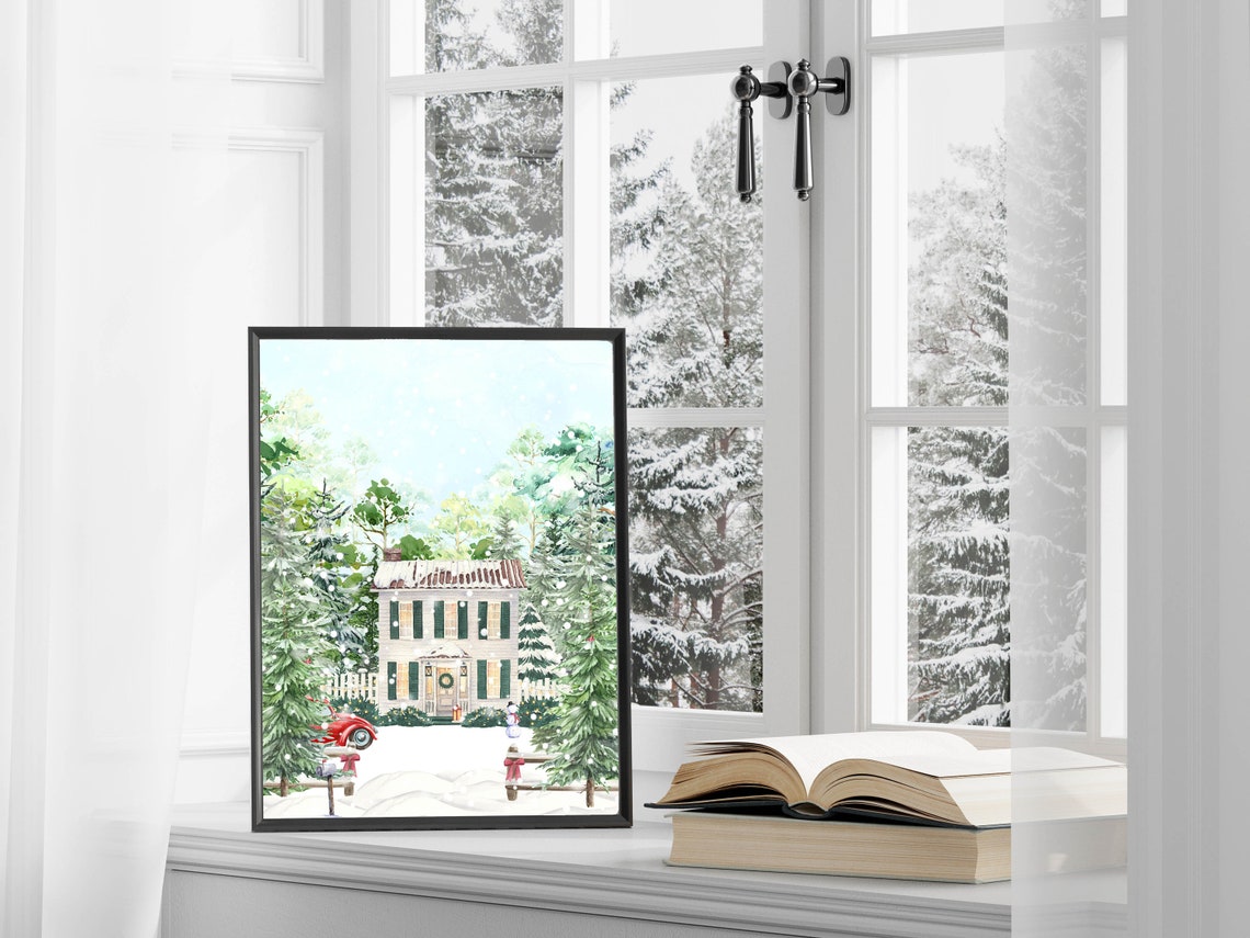 Christmas Home Country Woodland House 5x7 8x10 11x14 16x20 Watercolor Winter Wall Art Print Diy Holiday Decor Winter Home Sign - Image 2