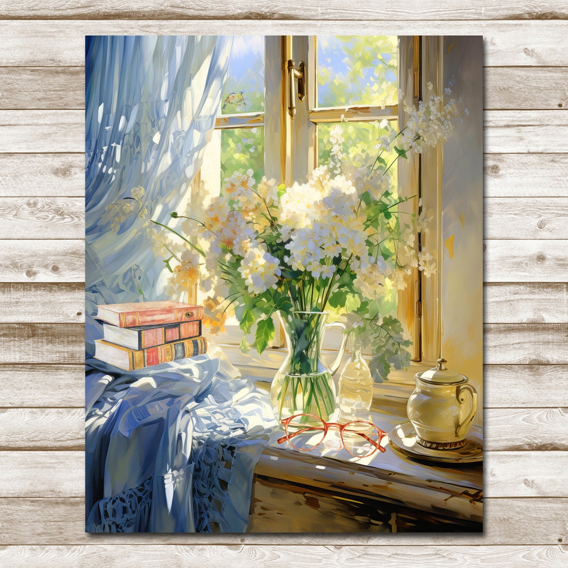 Sunlit Window with Lilacs Books and Teapot Still Life Wall Poster - Image 4