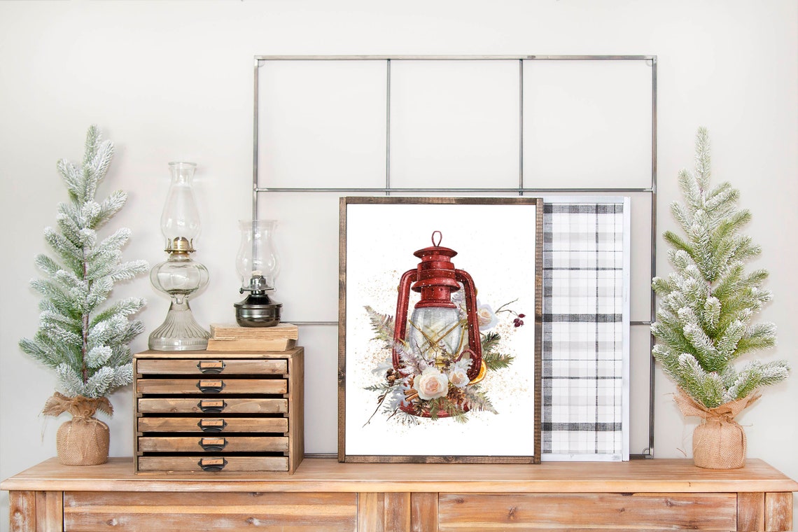 Red Lantern With White Roses Pinecones Rustic Winter Floral Poster - Image 3