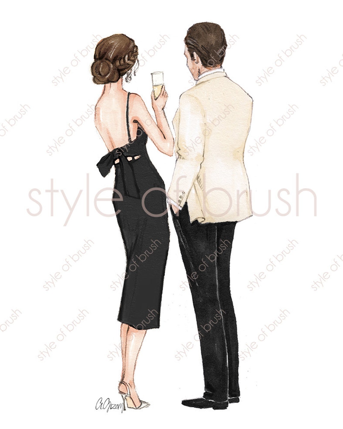Elegant Champagne Couple in Evening Wear Fashion Illustration Poster - Image 2
