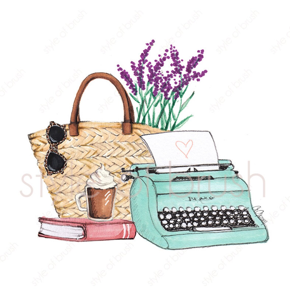 Typewriter Illustration, Lavender Fashion Illustration - Image 2