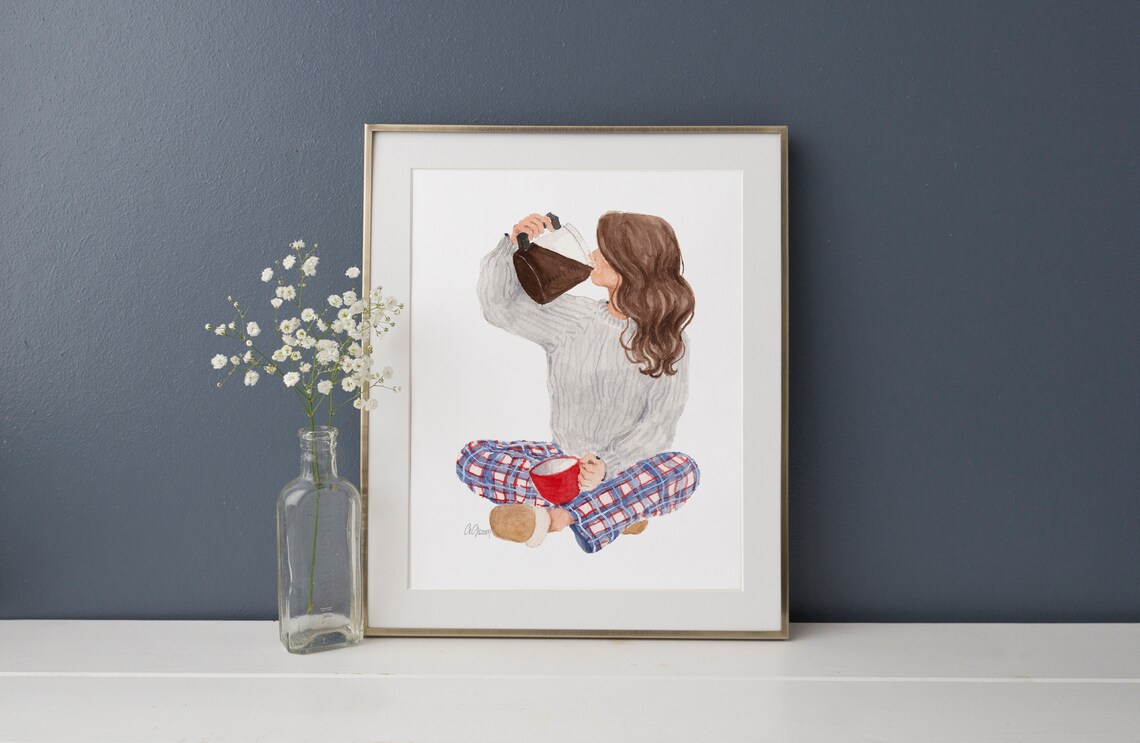 Funny Coffee Lover Girl Drinking Straight From Coffee Pot Wall Art - Image 2