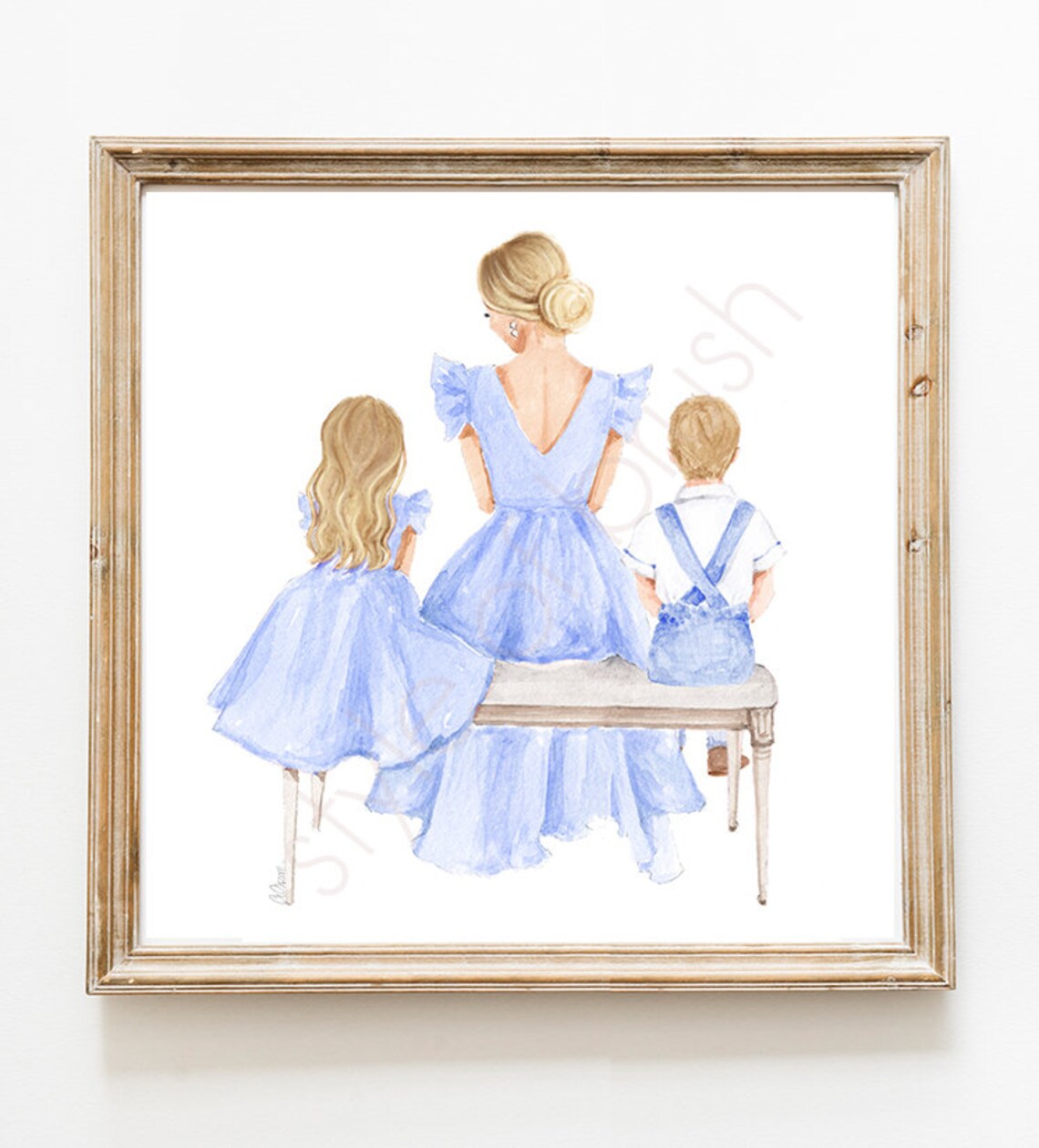 Blonde Mother with Daughter and Son in Blue Dresses Fashion Poster - Image 2