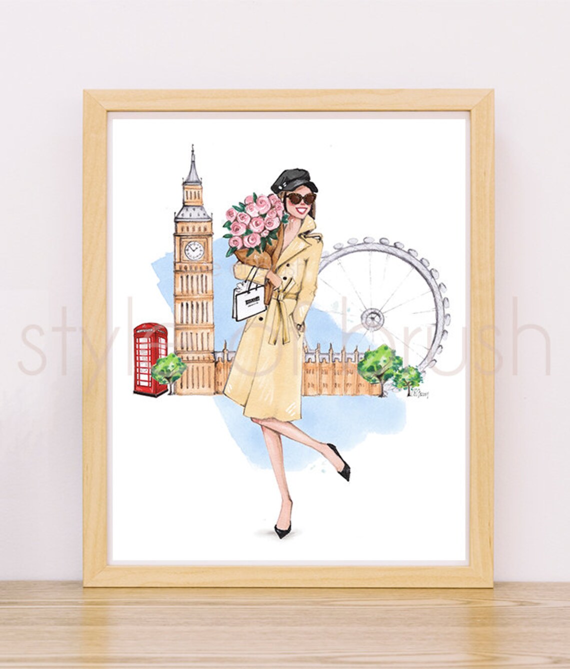 London Trench Coat Woman with Rose Bouquet by Big Ben Fashion Poster - Image 2