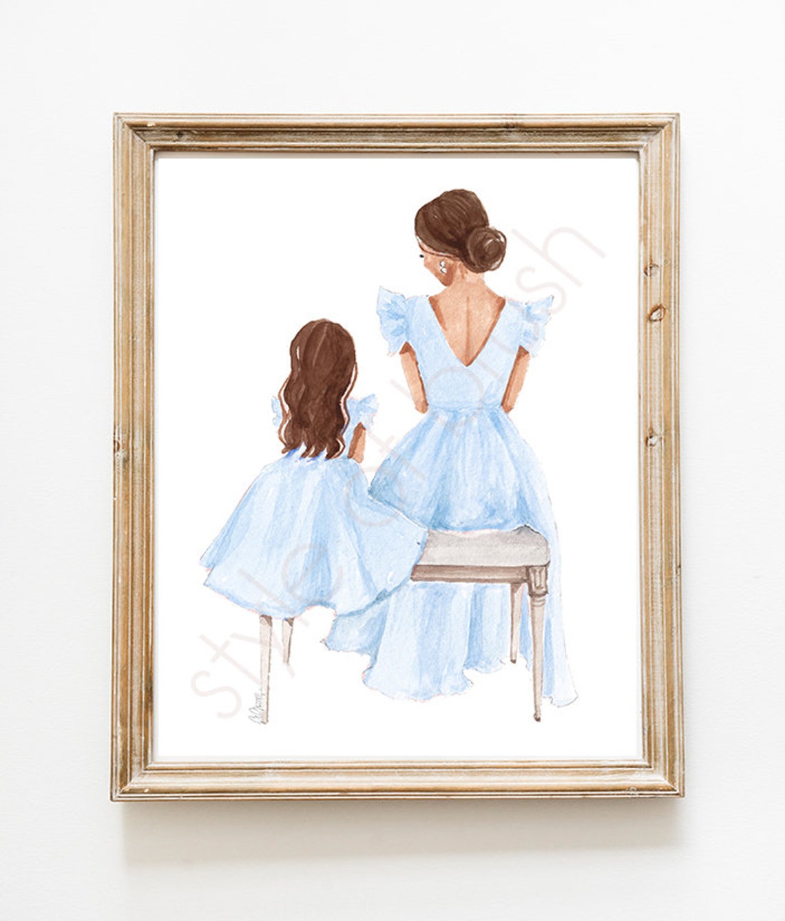 Brunette Mother and Daughter in Blue Dresses Seated on Bench Poster - Image 2