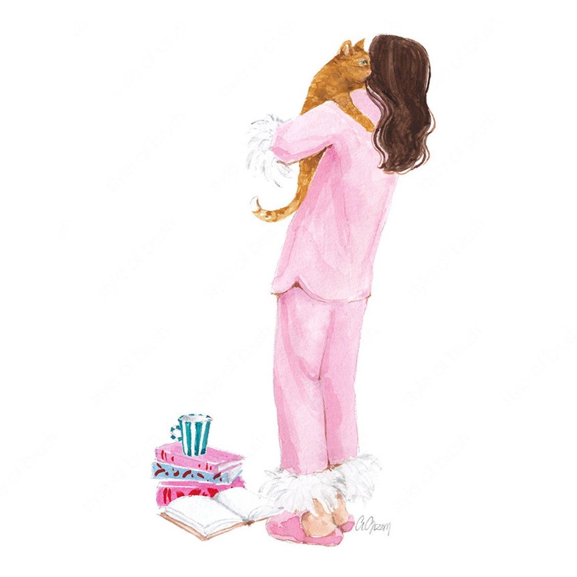 Brunette in Pink Pajamas Hugging Ginger Cat with Books and Tea Poster - Image 2