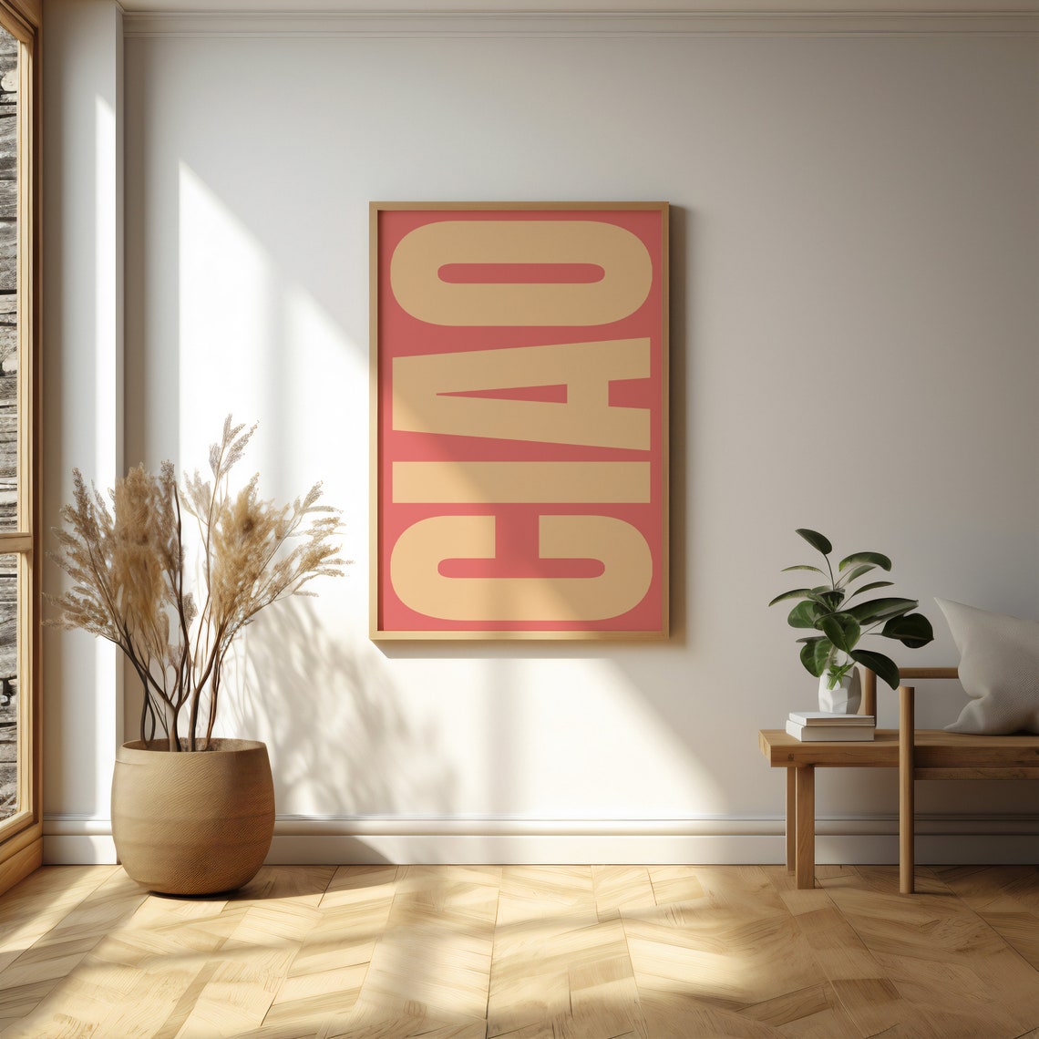 Ciao Typography Bold Cream Letters Coral Red Graphic Art Poster - Image 2