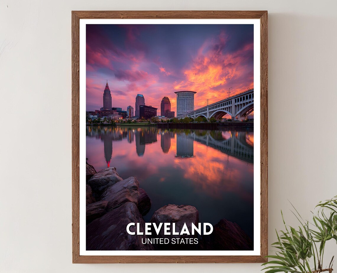 Cleveland Travel Poster, Ohio Skyline At Sunset