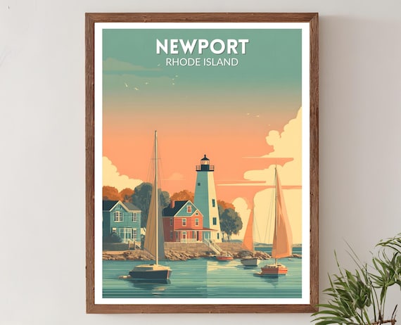 Newport Rhode Island Lighthouse Sailboats Retro Travel Poster