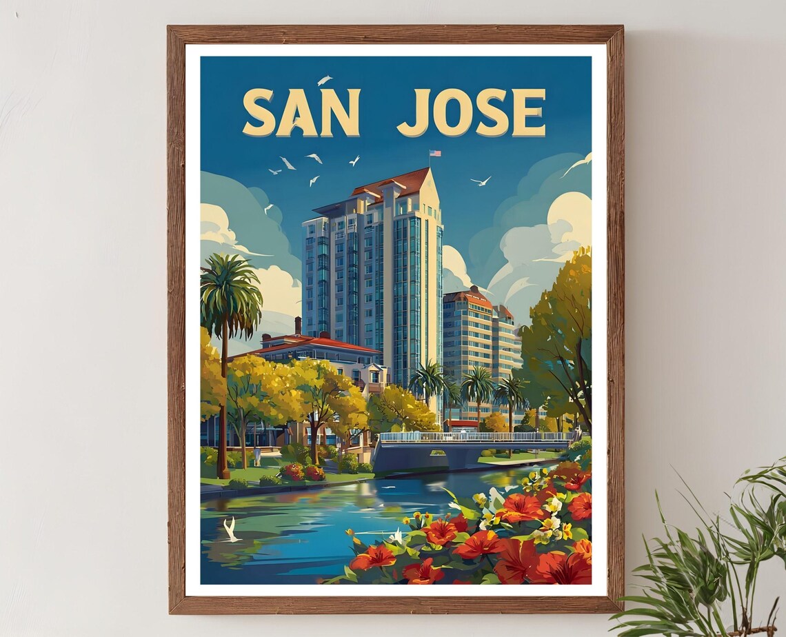 San Jose City Skyline River Bridge Palm Trees Vintage Travel Poster