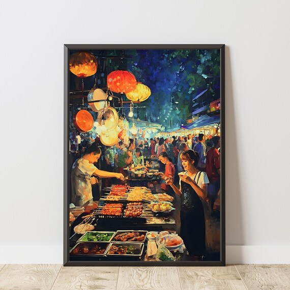 Malaysian Night Market Street Food Lanterns City Evening Poster