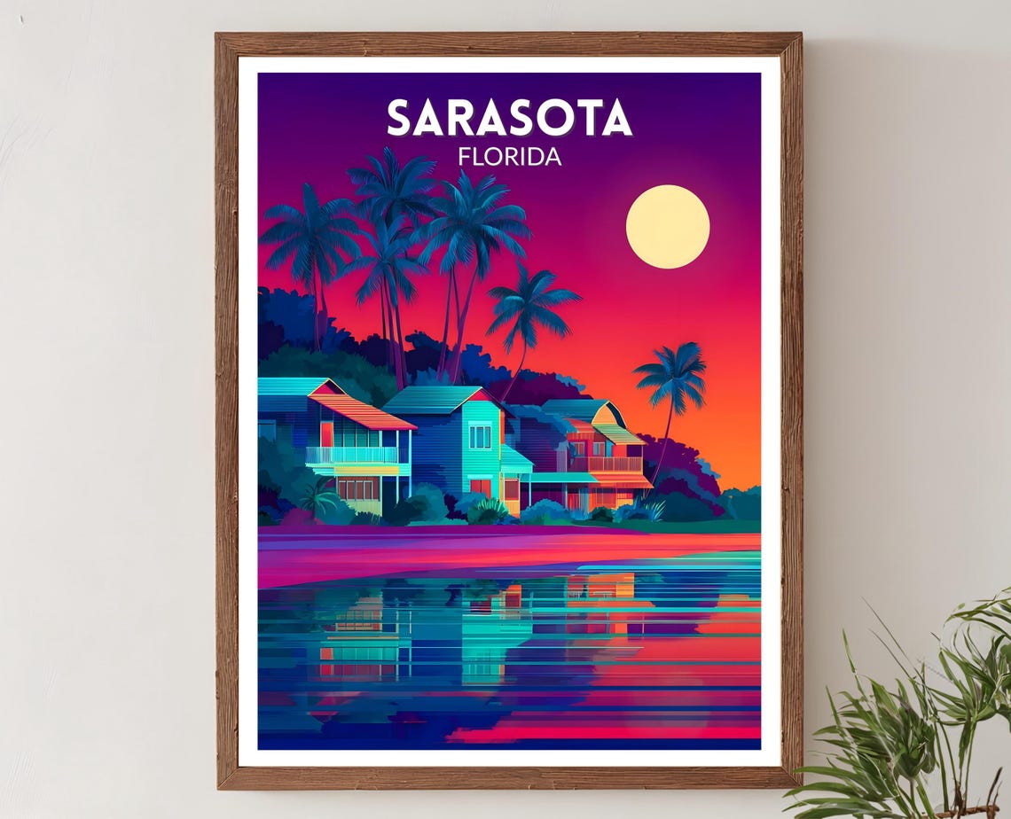 Sarasota Florida Vibrant Sunset Beach Houses Retro Travel Poster