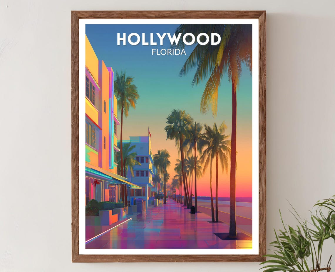Hollywood Florida Palm Lined Boardwalk Sunset Retro Travel Poster