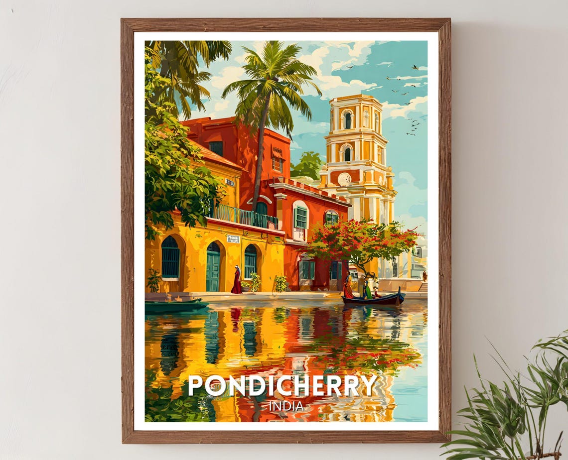 Pondicherry India Colonial Waterfront Buildings Reflection Art Poster