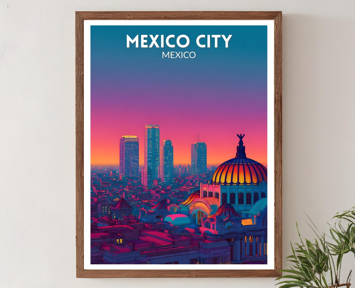 Mexico City Mexico Vibrant Travel Poster Retro Futuristic Skyline Night
