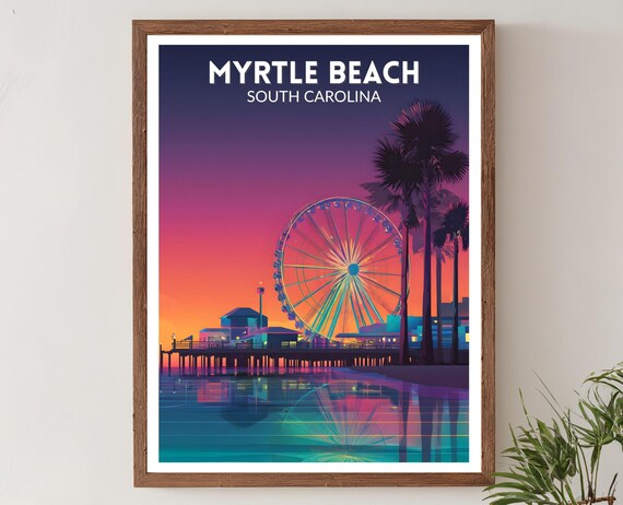 Myrtle Beach South Carolina Ferris Wheel Sunset Travel Poster Art
