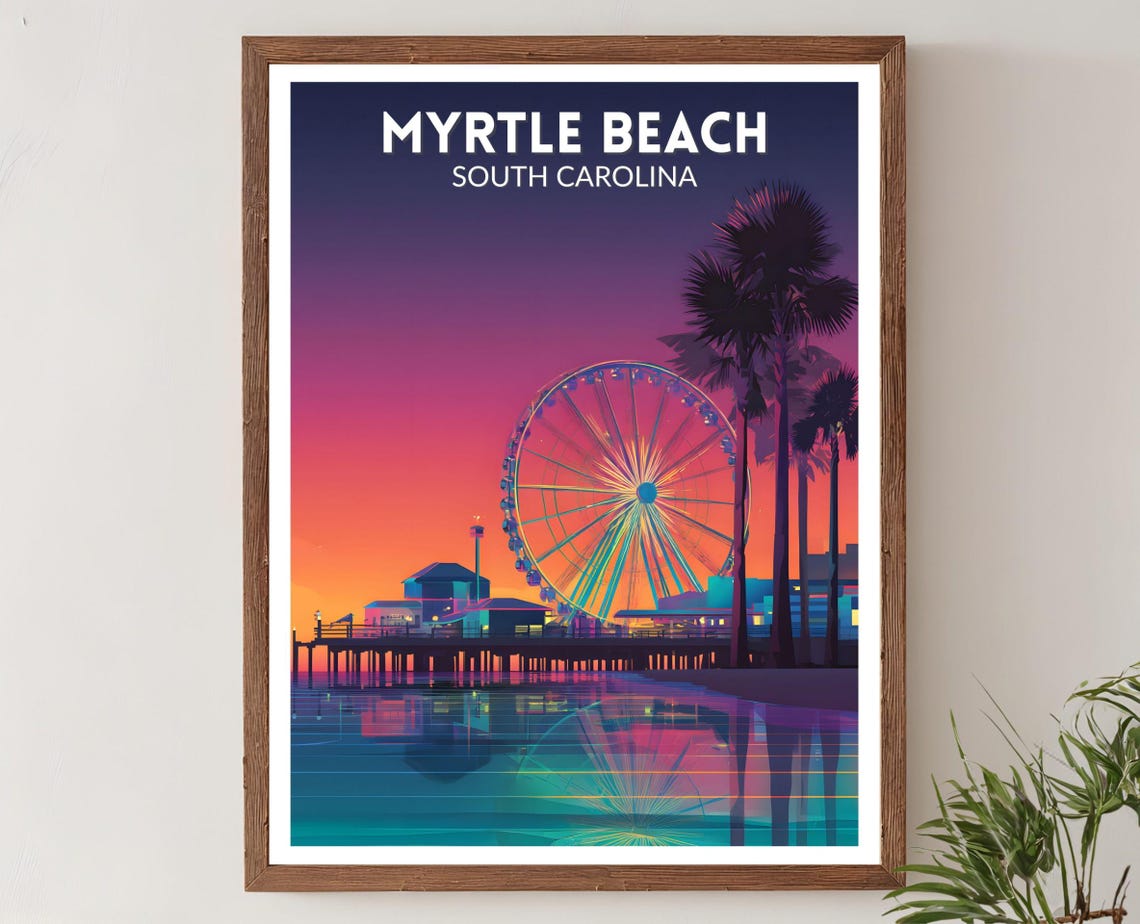 Myrtle Beach South Carolina Ferris Wheel Sunset Travel Poster Art
