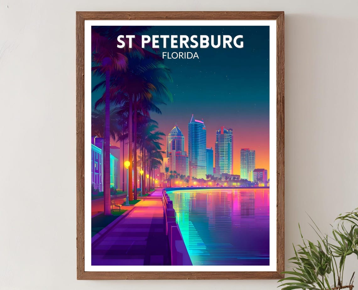 St Petersburg Florida Neon Night Skyline Waterfront Travel Poster
