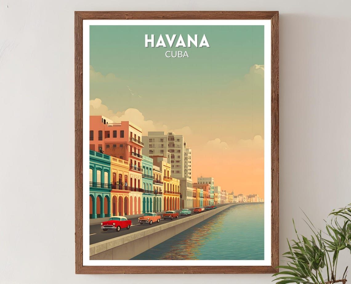 Havana Cuba Malecon Classic Cars Waterfront Retro Travel Poster