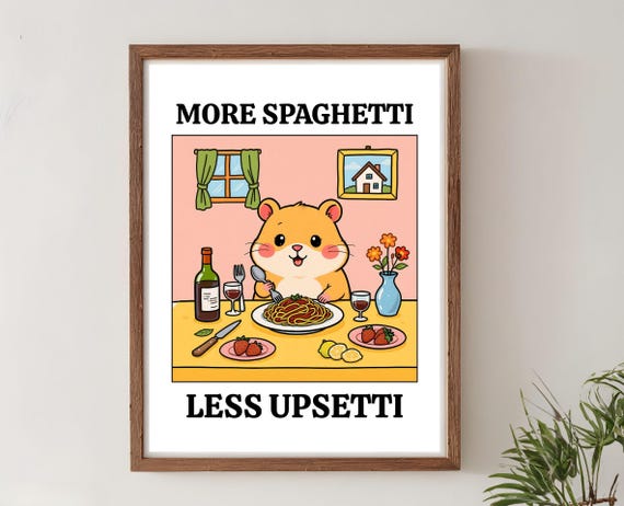 More Spaghetti Less Regretti Hamster Print Retro Kitchen Poster Funny Pasta Wall Art Italian Food Illustration Quirky Cafe Decor