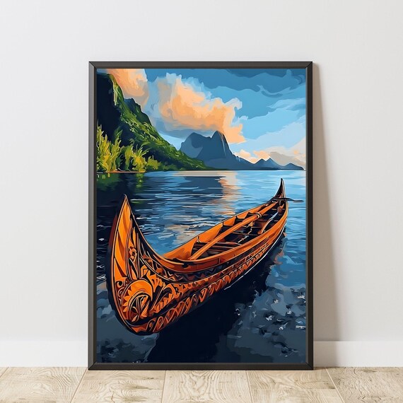 Polynesian Carved Wooden Canoe Tropical Sunset Island Art Poster