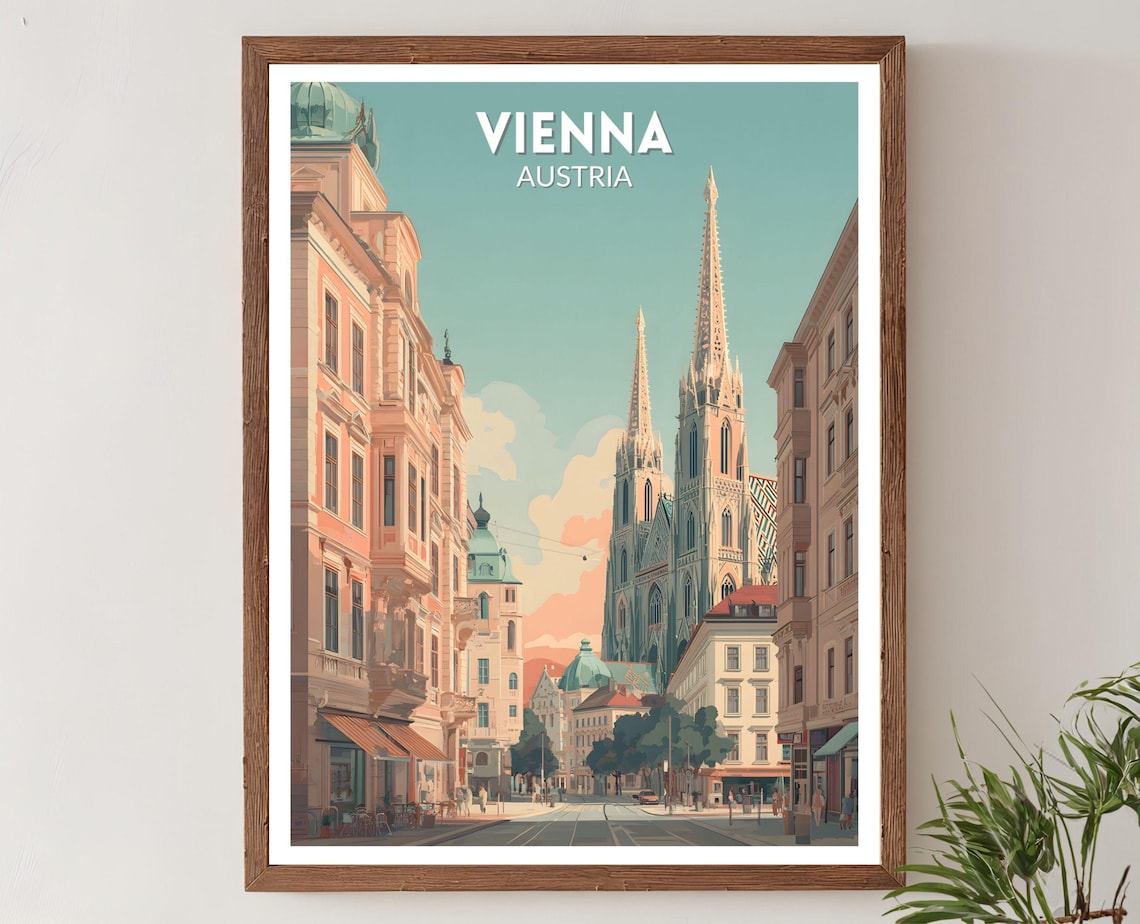 Vienna Austria Retro Travel Poster Historic Cathedral Street Scene