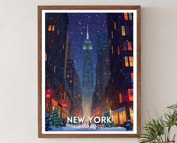 New York City Christmas Snowy Winter Night Skyscraper Travel Poster