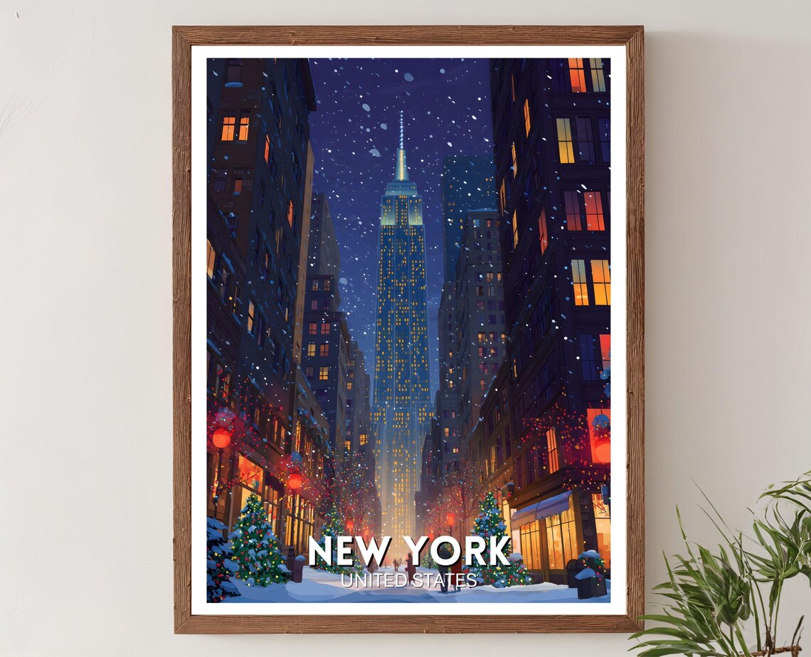 New York City Christmas Snowy Winter Night Skyscraper Travel Poster