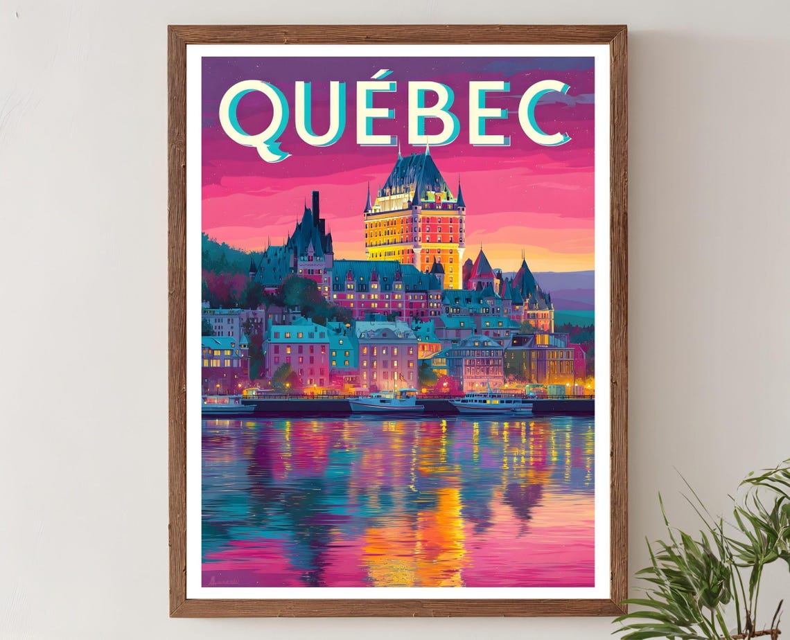 Quebec Chateau Frontenac Magenta Sunset Waterfront Travel Poster