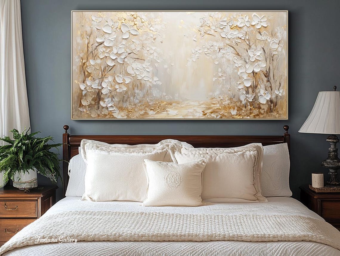 White Blossoms Gold 3D Textured Floral Abstract Oil Painting Wall Art - Image 2