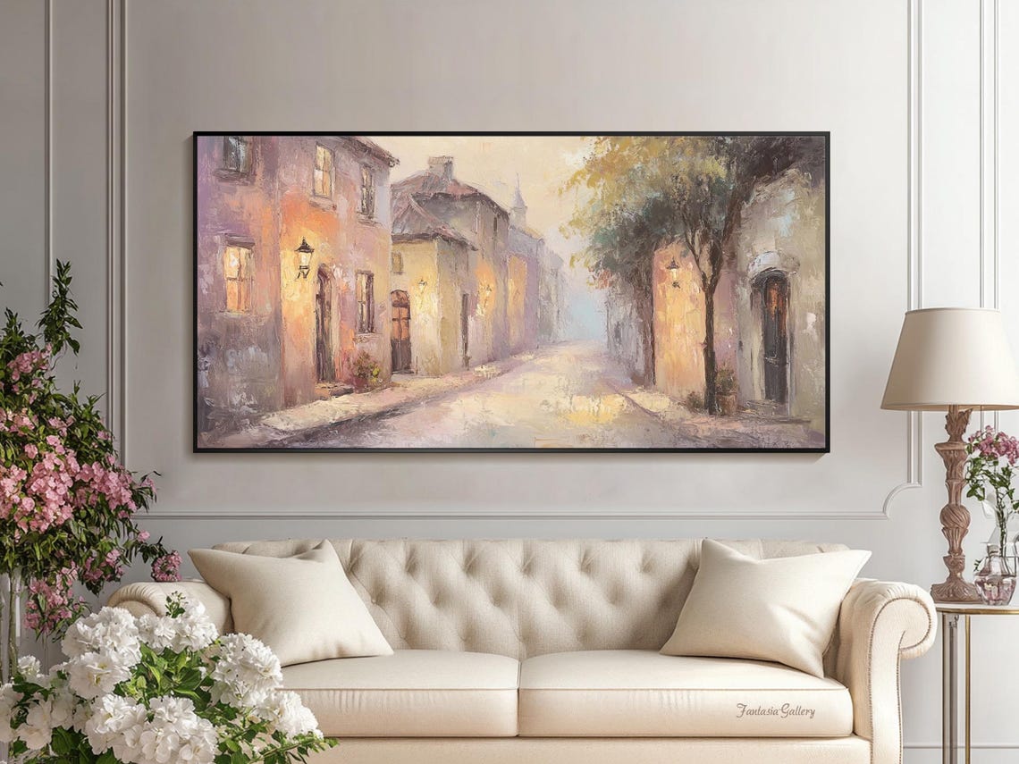 Soft Light European Village Street With Lanterns Cityscape Wall Art - Image 3