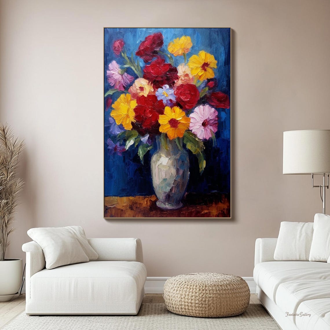 Bold Colorful Floral Bouquet In Vase On Deep Blue Background Print - Image 2