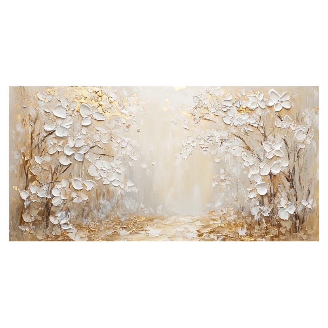 White Blossoms Gold 3D Textured Floral Abstract Oil Painting Wall Art - Image 3