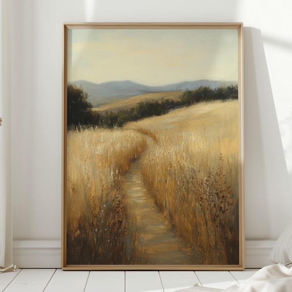 Golden Trail Through Wheat Field Landscape Canvas Wall Art Rustic Countryside Pathway Painting For Farmhouse Nature Decor
